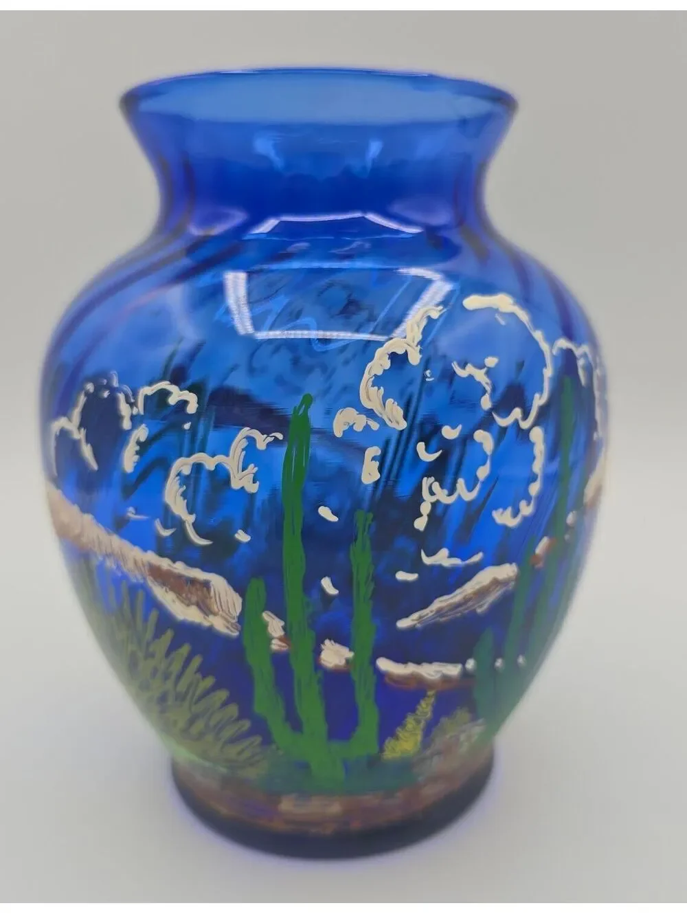 Vintage Indiana Glass Illusions Cobalt Blue Handpainted Desert Vase 5.5